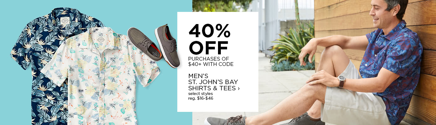 40% off Men's St. John's Bay shirts & tees purchases of $40 or more with code, select styles, regular price $16 to $46