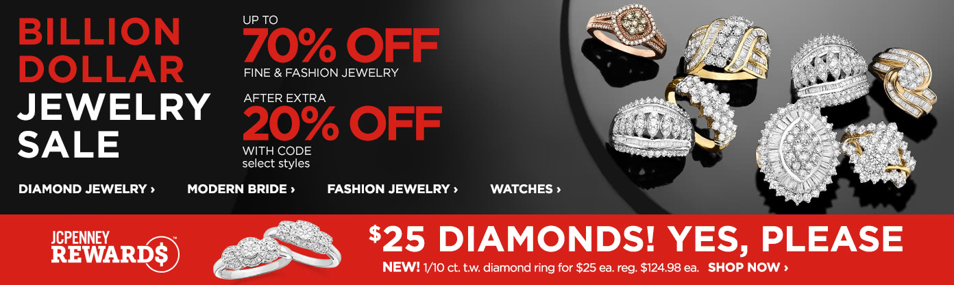 Billion Dollar Jewelry Sale. Up to 70% off Fine & fashion jewelry, after extra 20% off with code, select styles