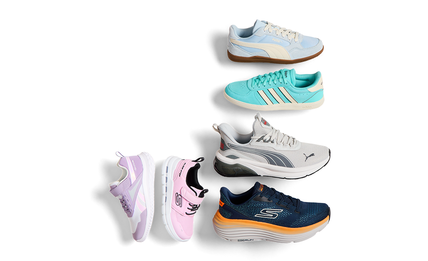 A display of trusted sneaker brands including adidas, Nike, Skechers, and PUMA