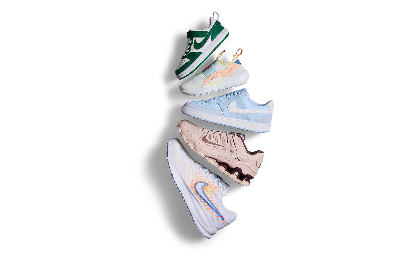 An assortment of everyday sneakers for men, women, and kids