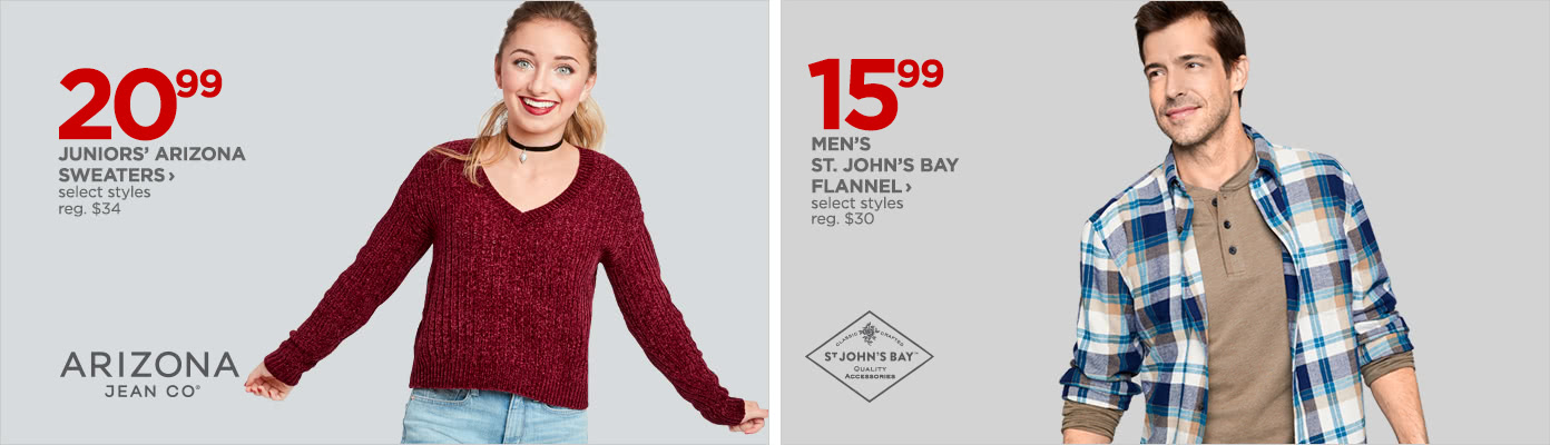 Junior's Arizona Sweaters. Men's St. John's Bay Flannel.