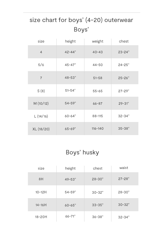 reebok big kid size chart